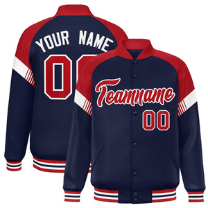 Custom Navy Red-White Varsity Full-Snap Color Block Letterman Jacket