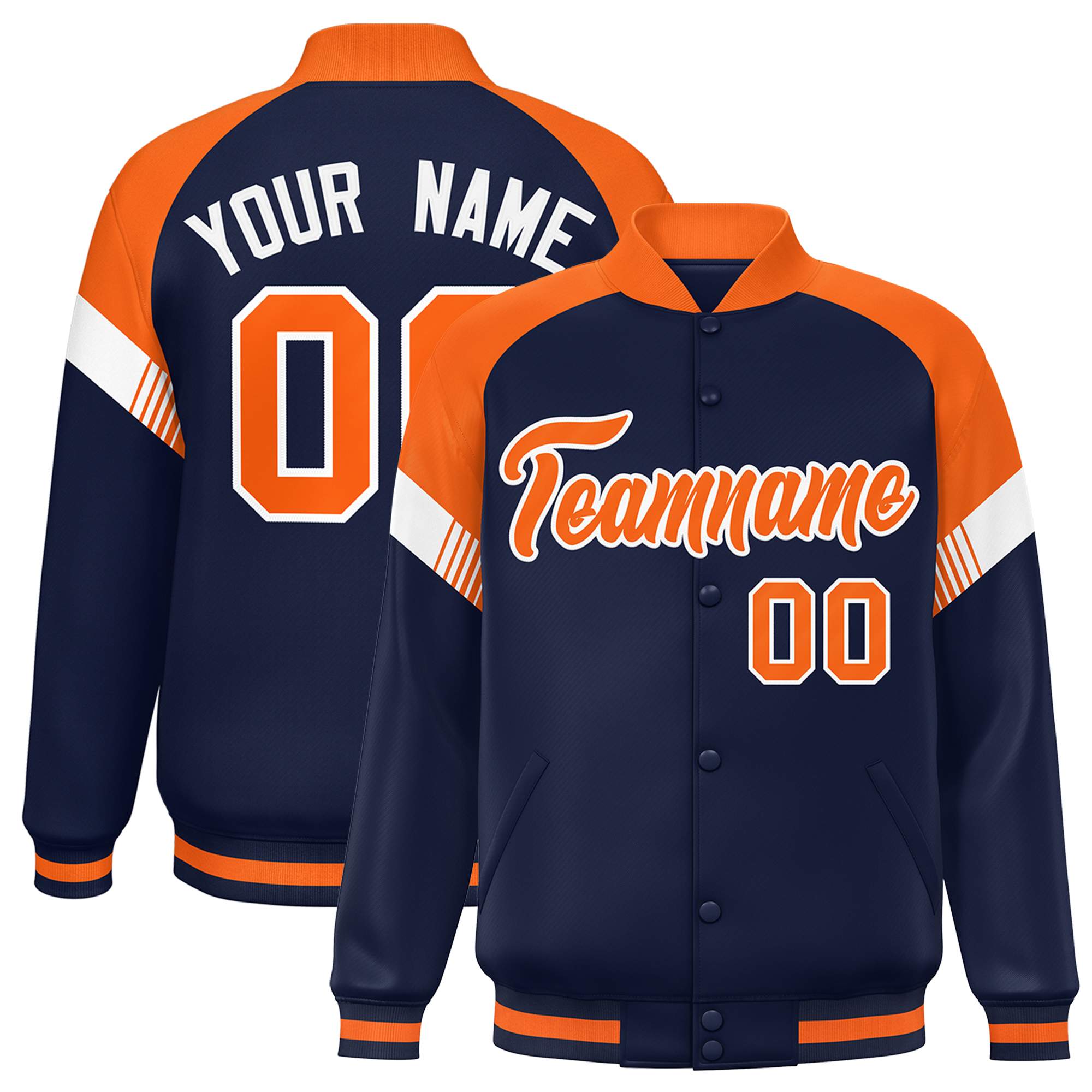 Custom Navy Orange-White Varsity Full-Snap Color Block Letterman Jacket