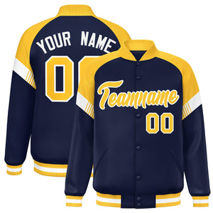 Custom Navy Gold-White Varsity Full-Snap Color Block Letterman Jacket