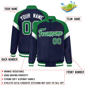 Custom Navy Kelly Green-White Varsity Full-Snap Color Block Letterman Jacket