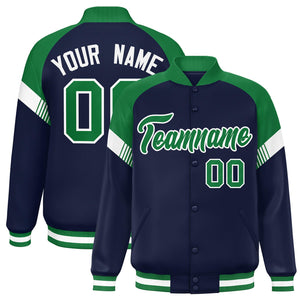 Custom Navy Kelly Green-White Varsity Full-Snap Color Block Letterman Jacket