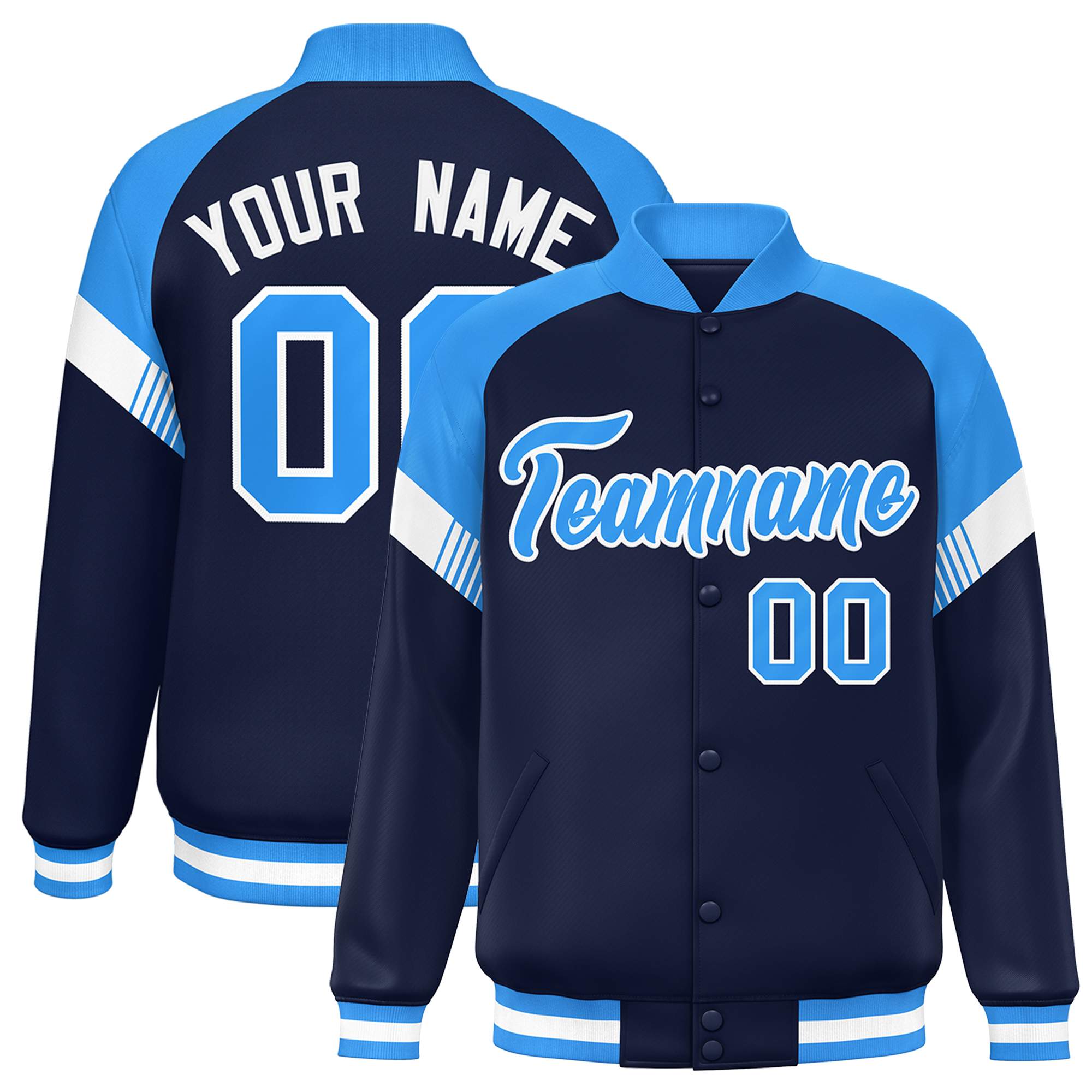 Custom Navy Powder Blue-White Varsity Full-Snap Color Block Letterman Jacket