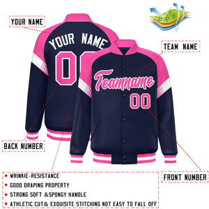 Custom Navy Pink-White Varsity Full-Snap Color Block Letterman Jacket