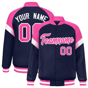 Custom Navy Pink-White Varsity Full-Snap Color Block Letterman Jacket