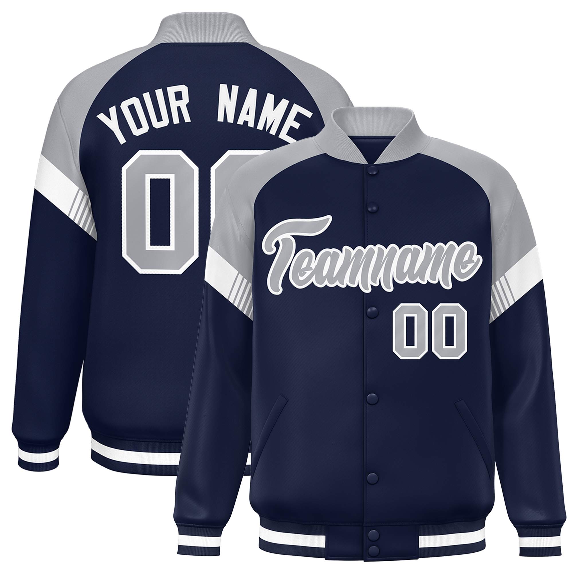 Custom Navy Gray-White Varsity Full-Snap Color Block Letterman Jacket