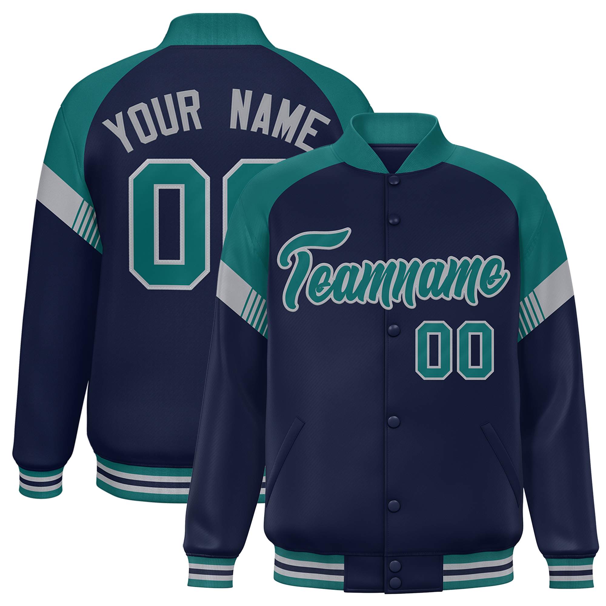 Custom Navy Aqua-Gray Varsity Full-Snap Color Block Letterman Jacket