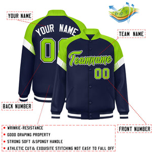 Custom Navy Neon Green-White Varsity Full-Snap Color Block Letterman Jacket