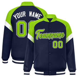 Custom Navy Neon Green-White Varsity Full-Snap Color Block Letterman Jacket