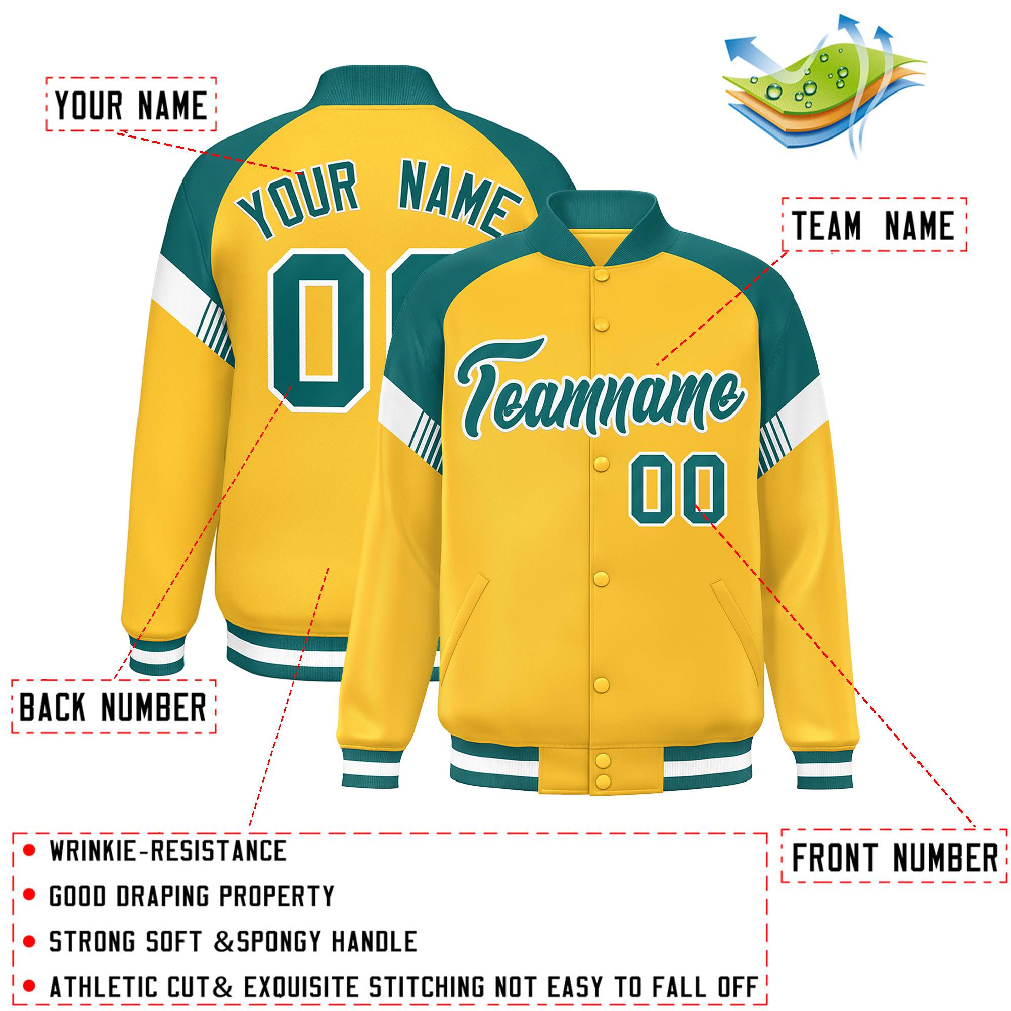 Custom Gold Aqua-White Varsity Full-Snap Color Block Letterman Jacket