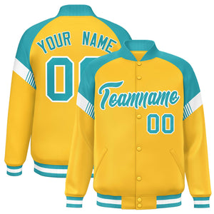 Custom Gold Aqua-White Varsity Full-Snap Color Block Letterman Jacket