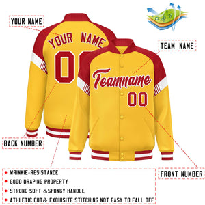 Custom Gold Red-White Varsity Full-Snap Color Block Letterman Jacket