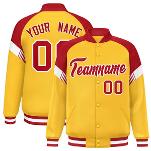 Custom Gold Red-White Varsity Full-Snap Color Block Letterman Jacket