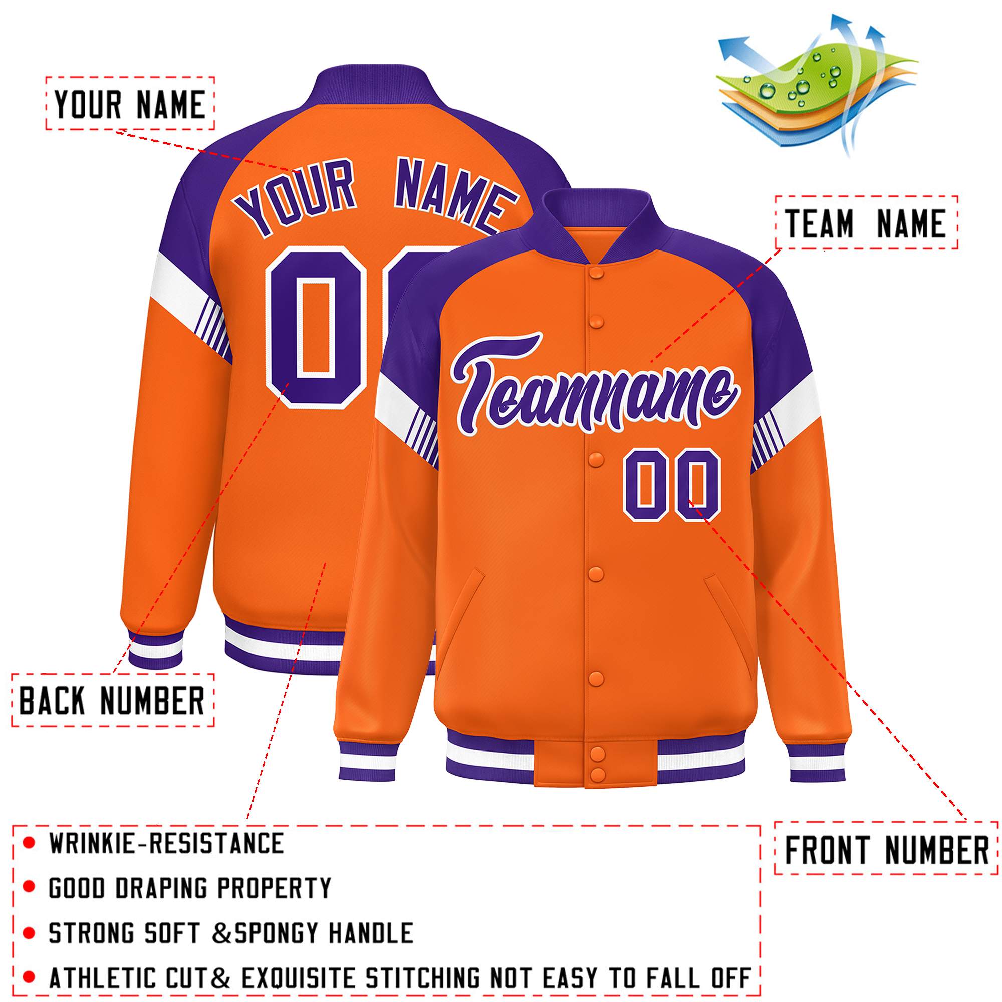 Custom Orange Purple-White Varsity Full-Snap Color Block Letterman Jacket