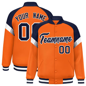 Custom Orange Navy-White Varsity Full-Snap Color Block Letterman Jacket