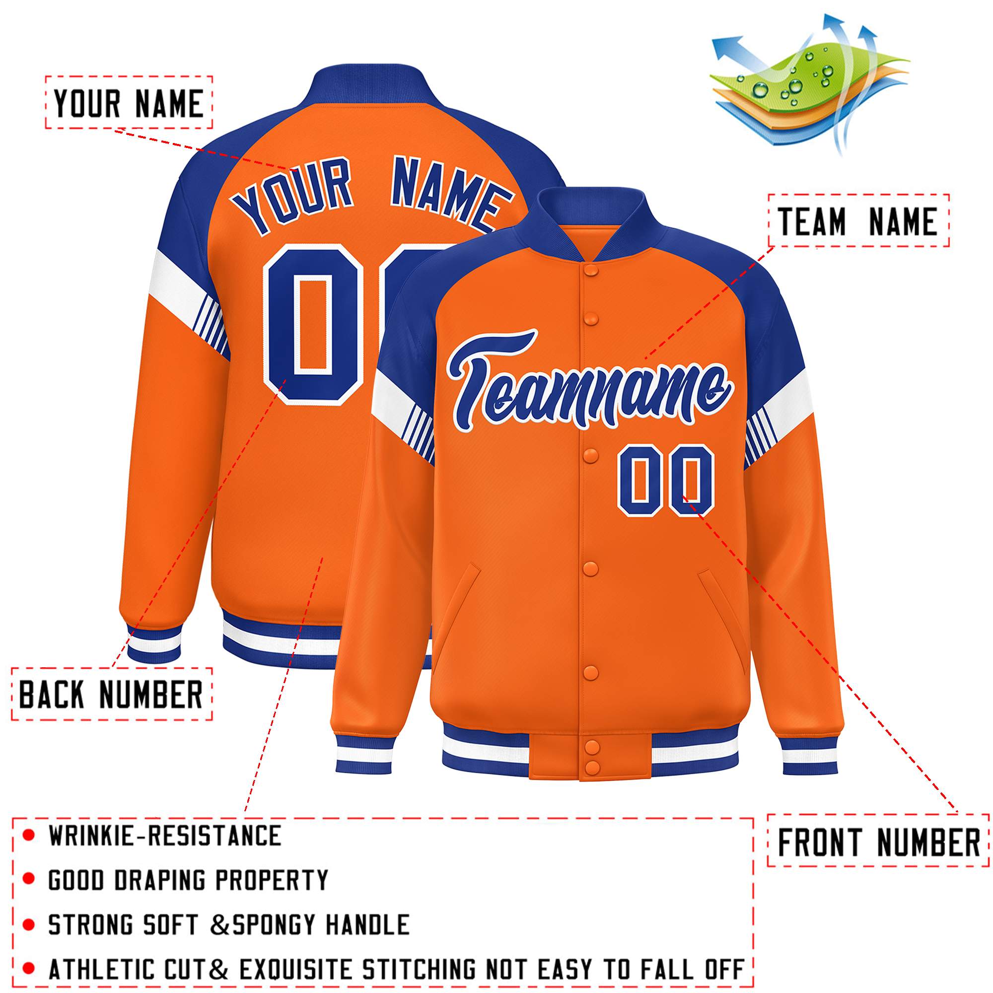 Custom Orange Royal-White Varsity Full-Snap Color Block Letterman Jacket