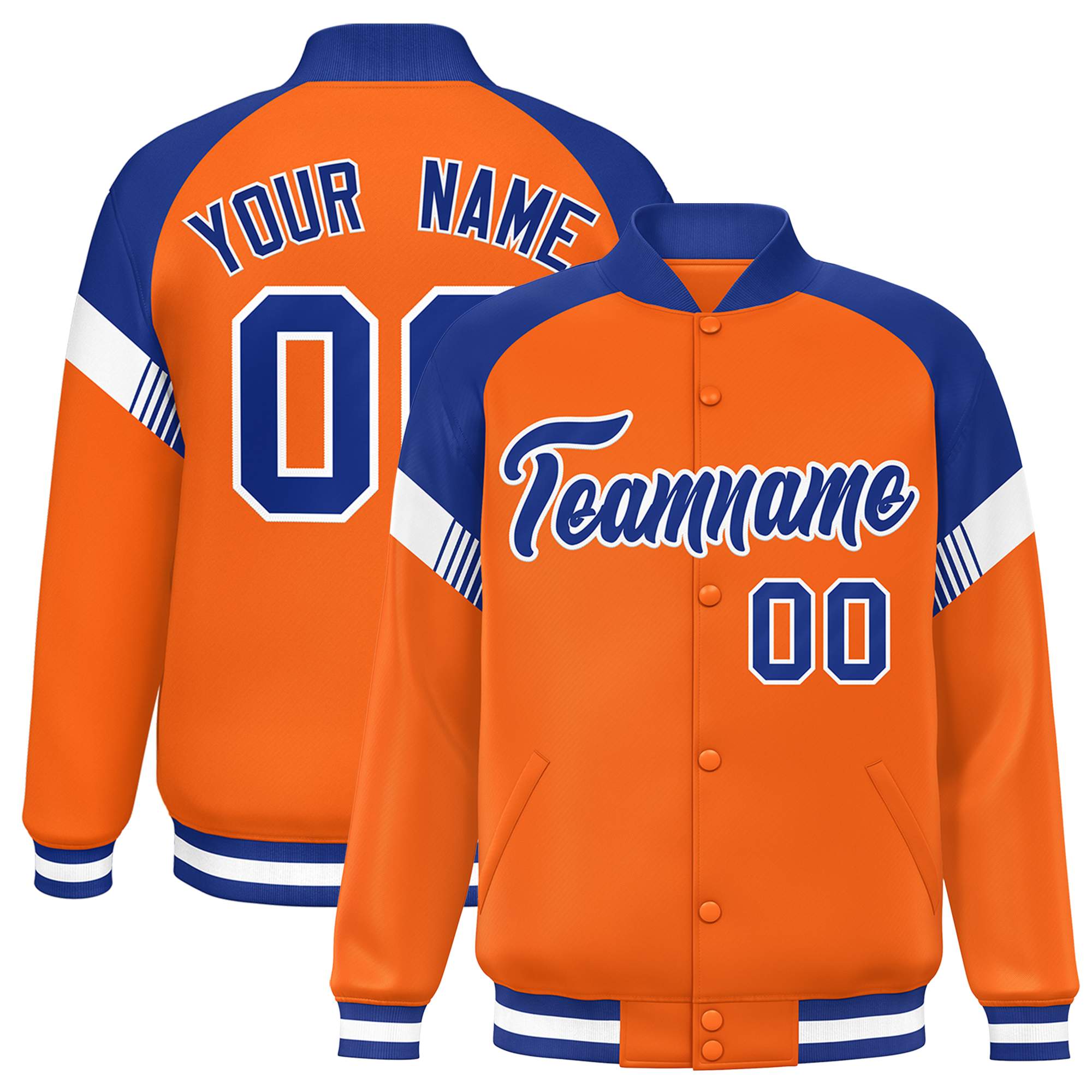 Custom Orange Royal-White Varsity Full-Snap Color Block Letterman Jacket