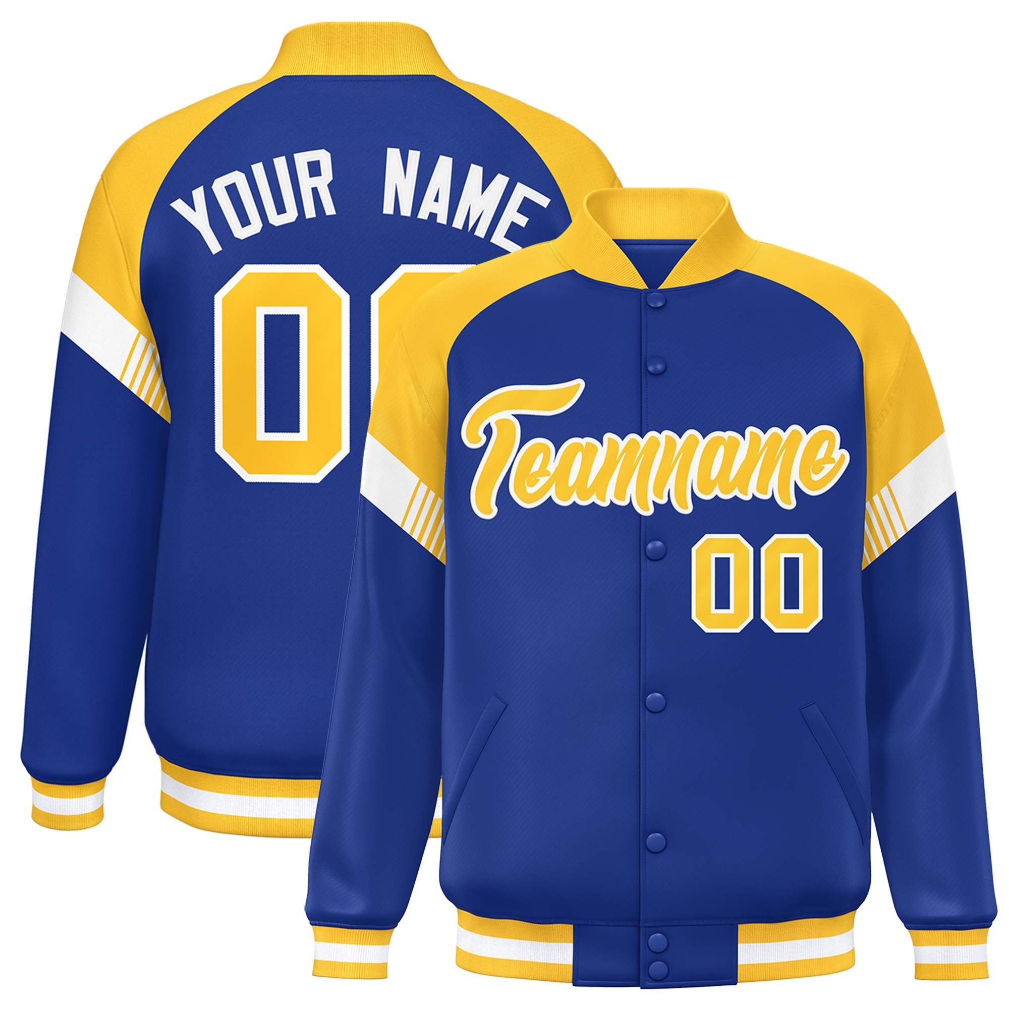 Custom Royal Gold-White Varsity Full-Snap Color Block Letterman Jacket