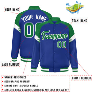 Custom Royal Kelly Green-White Varsity Full-Snap Color Block Letterman Jacket