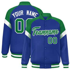 Custom Royal Kelly Green-White Varsity Full-Snap Color Block Letterman Jacket