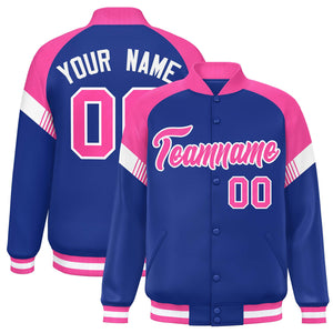 Custom Royal Pink-White Varsity Full-Snap Color Block Letterman Jacket