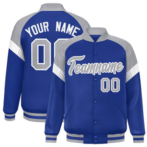 Custom Royal Gray-White Varsity Full-Snap Color Block Letterman Jacket