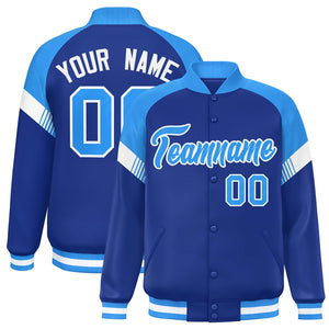 Custom Royal Powder Blue-White Varsity Full-Snap Color Block Letterman Jacket