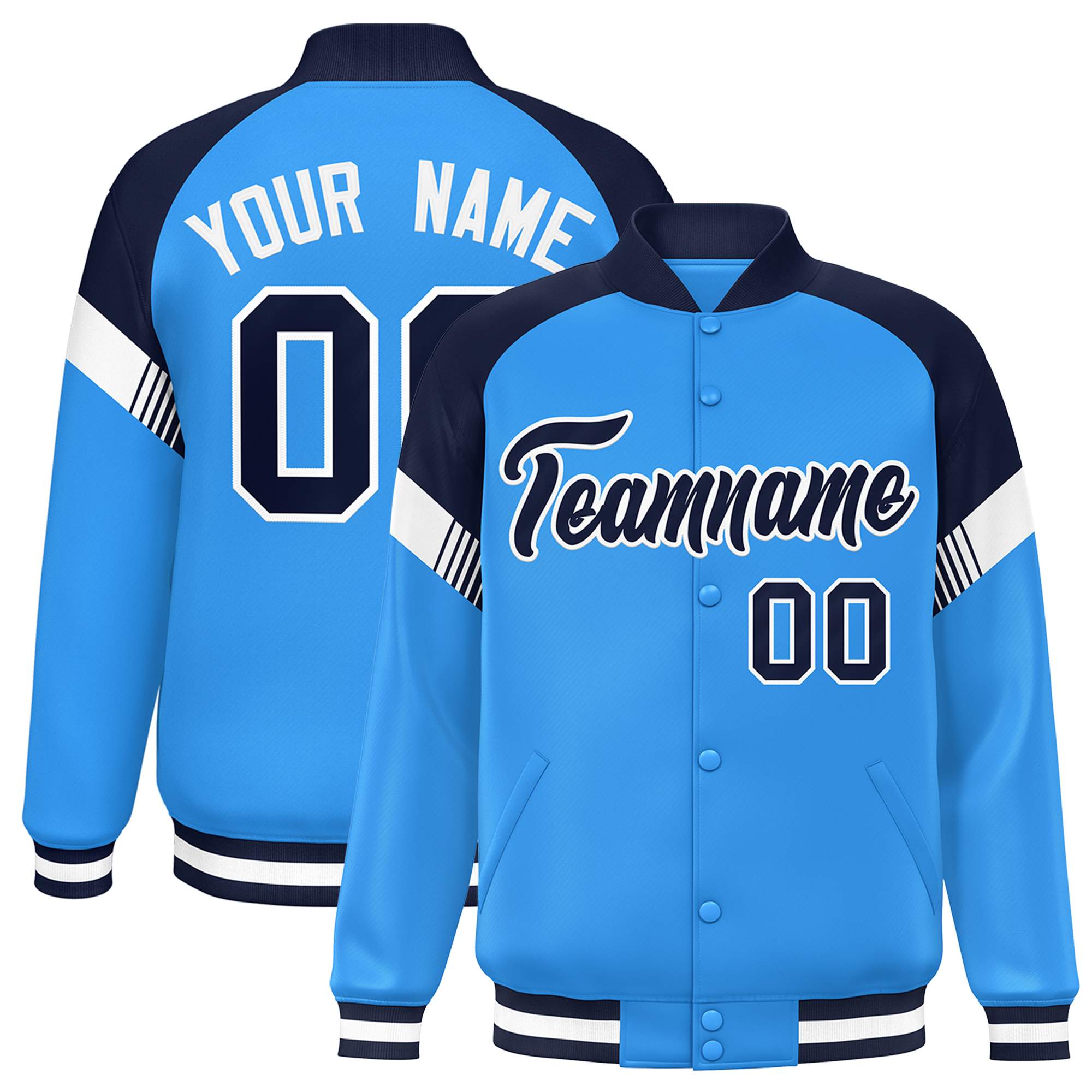 Custom Powder Blue Navy-White Varsity Full-Snap Color Block Letterman Jacket