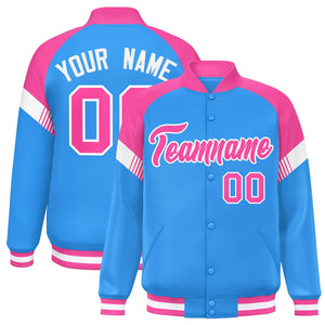 Custom Powder Blue Pink-White Varsity Full-Snap Color Block Letterman Jacket