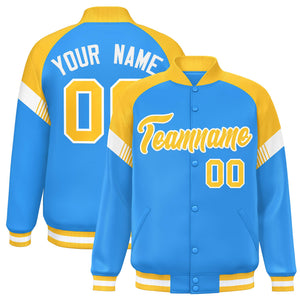 Custom Powder Blue Gold-White Varsity Full-Snap Color Block Letterman Jacket