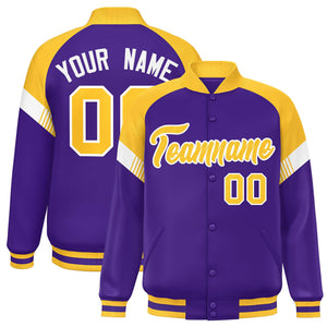 Custom Purple Gold-White Varsity Full-Snap Color Block Letterman Jacket