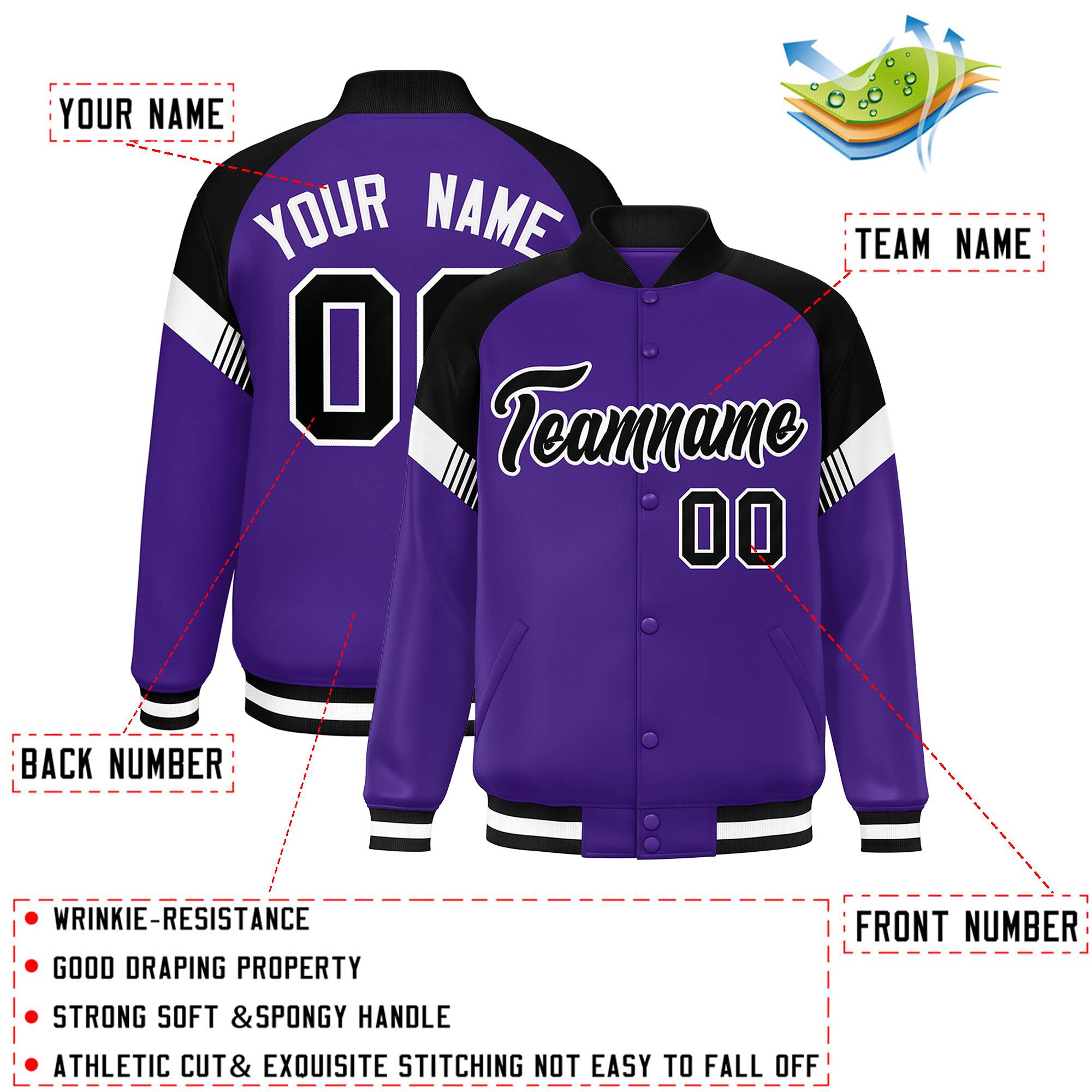 Custom Purple Black-White Varsity Full-Snap Color Block Letterman Jacket