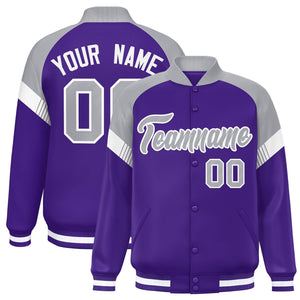 Custom Purple Gray-White Varsity Full-Snap Color Block Letterman Jacket