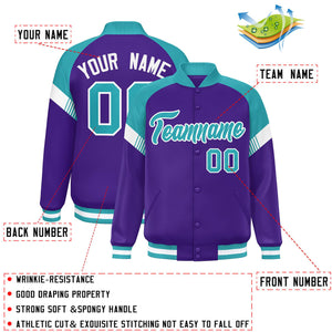 Custom Purple Aqua-White Varsity Full-Snap Color Block Letterman Jacket