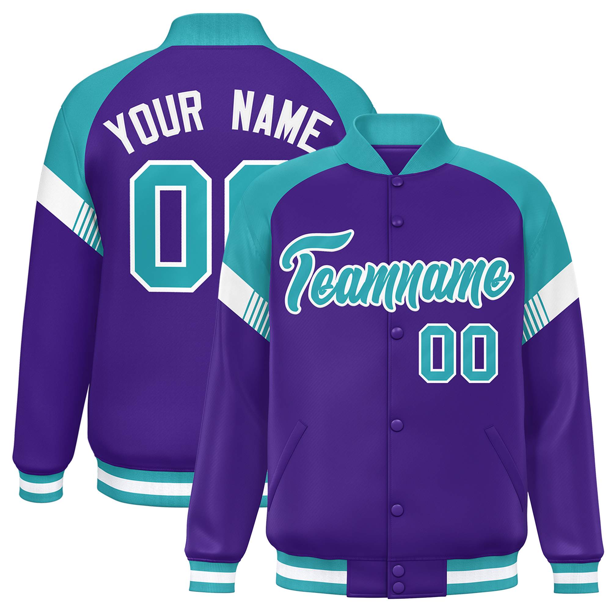 Custom Purple Aqua-White Varsity Full-Snap Color Block Letterman Jacket