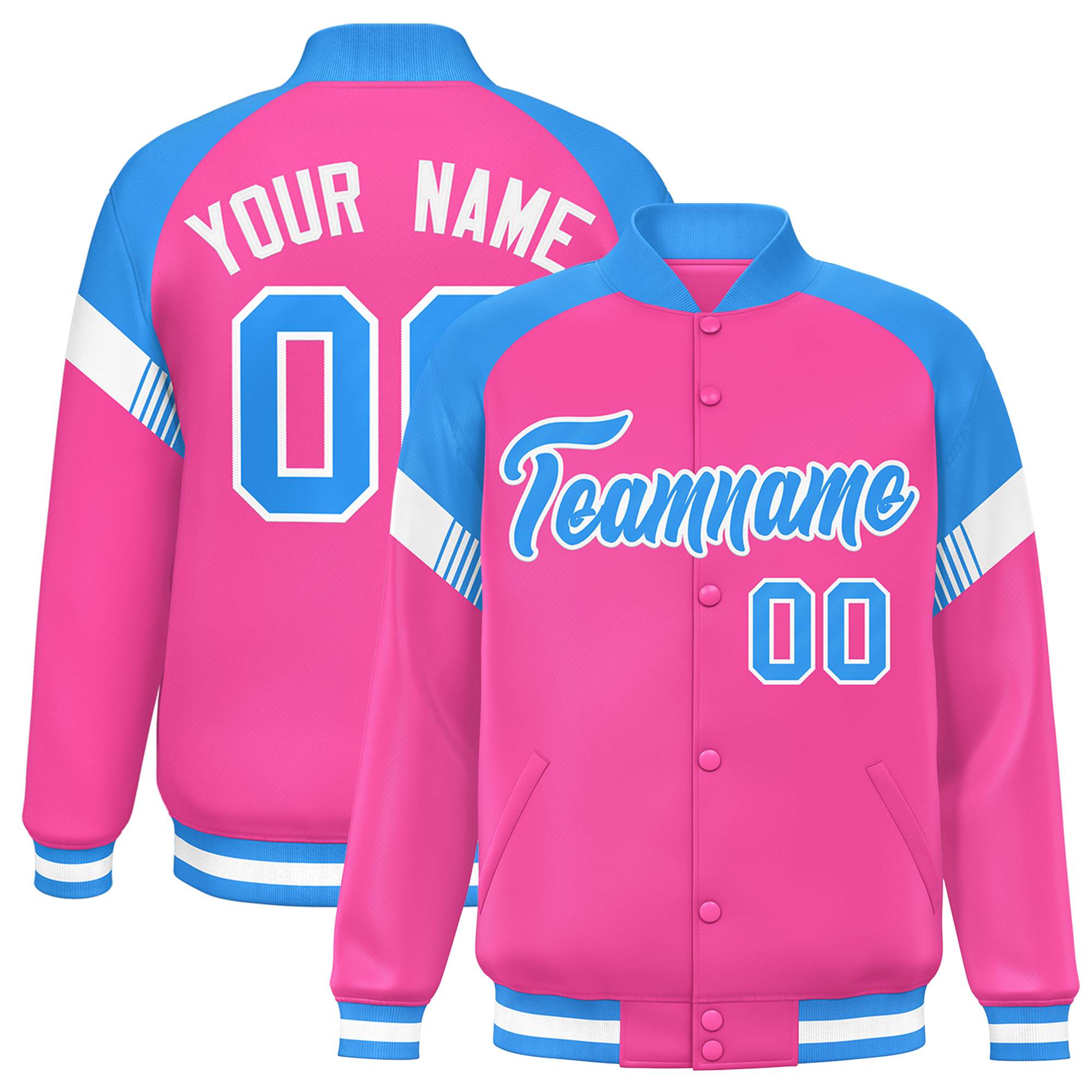 Custom Pink Powder Blue-White Varsity Full-Snap Color Block Letterman Jacket