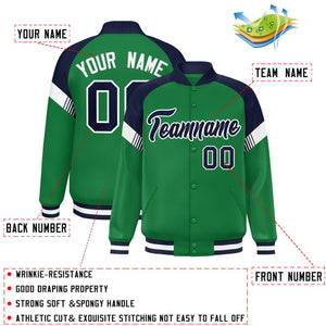 Custom Kelly Green Navy-White Varsity Full-Snap Color Block Letterman Jacket