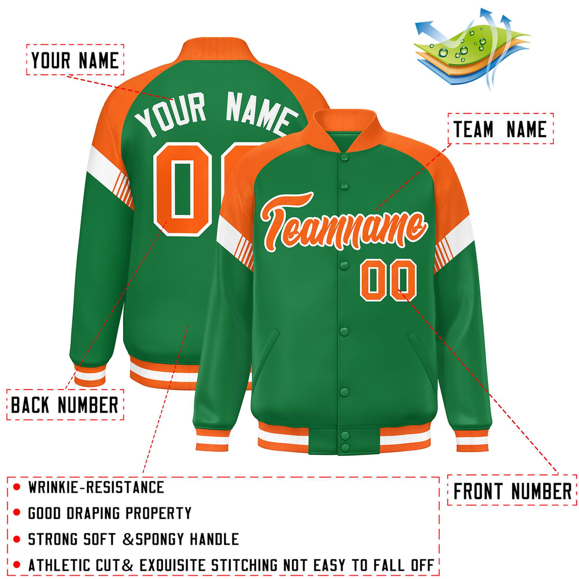 Custom Kelly Green Orange-White Varsity Full-Snap Color Block Letterman Jacket