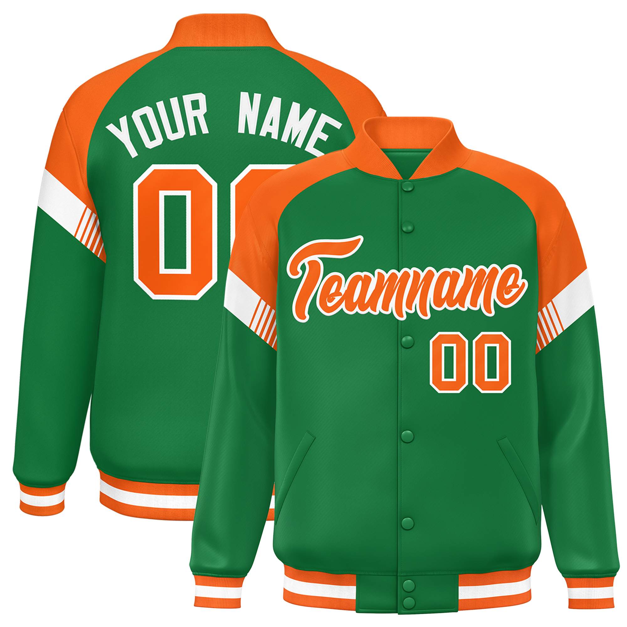 Custom Kelly Green Orange-White Varsity Full-Snap Color Block Letterman Jacket