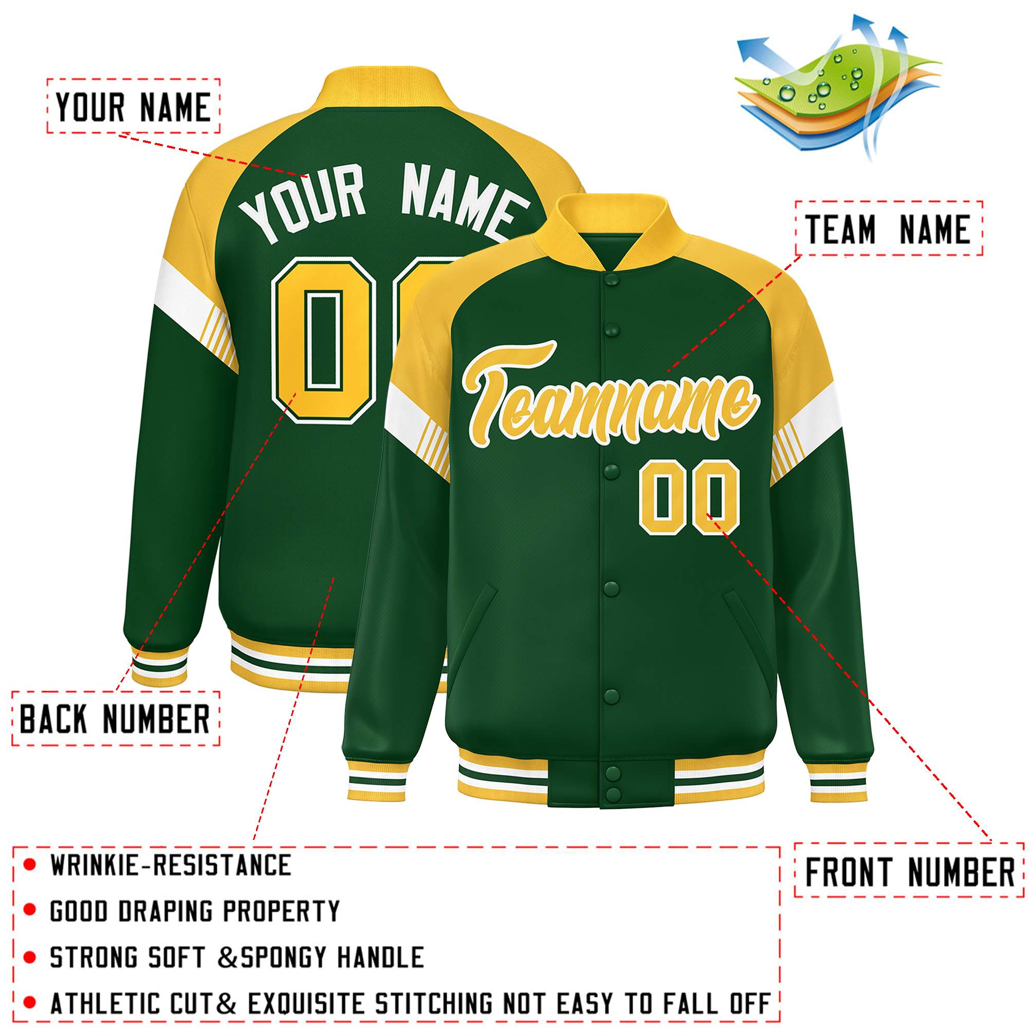 Custom Green Gold-White Varsity Full-Snap Color Block Letterman Jacket