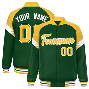 Custom Green Gold-White Varsity Full-Snap Color Block Letterman Jacket