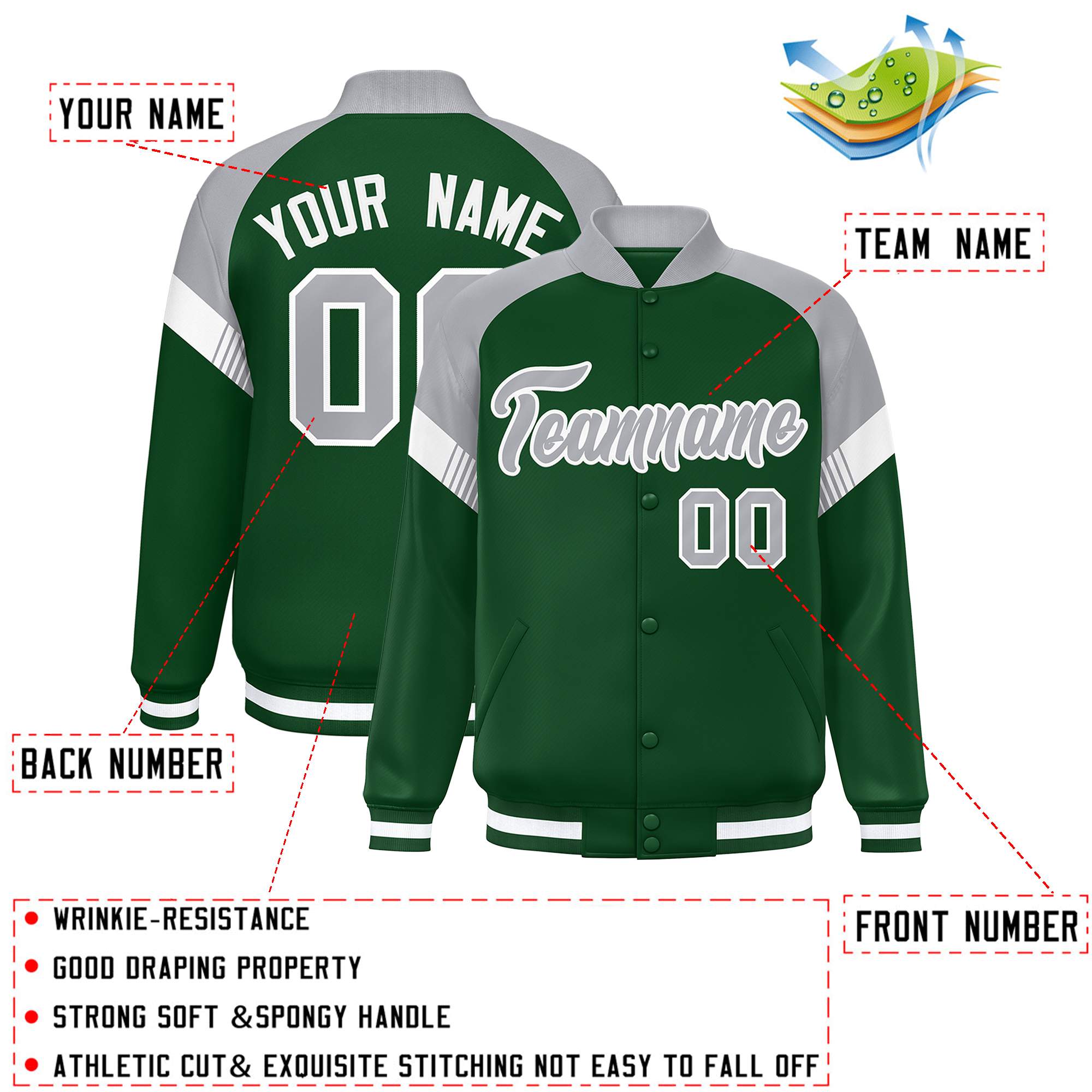 Custom Green Gray-White Varsity Full-Snap Color Block Letterman Jacket