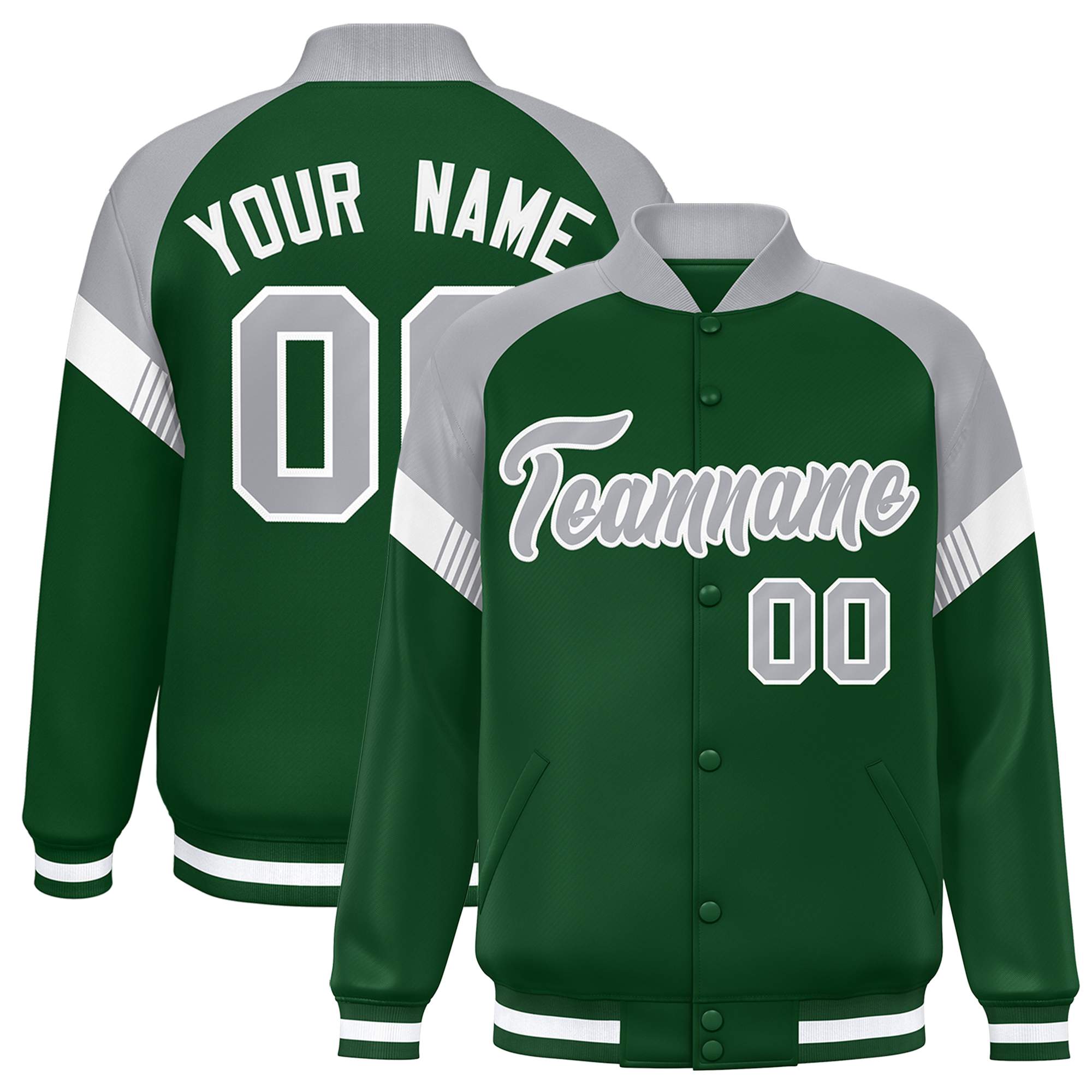 Custom Green Gray-White Varsity Full-Snap Color Block Letterman Jacket