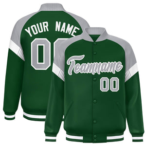 Custom Green Gray-White Varsity Full-Snap Color Block Letterman Jacket