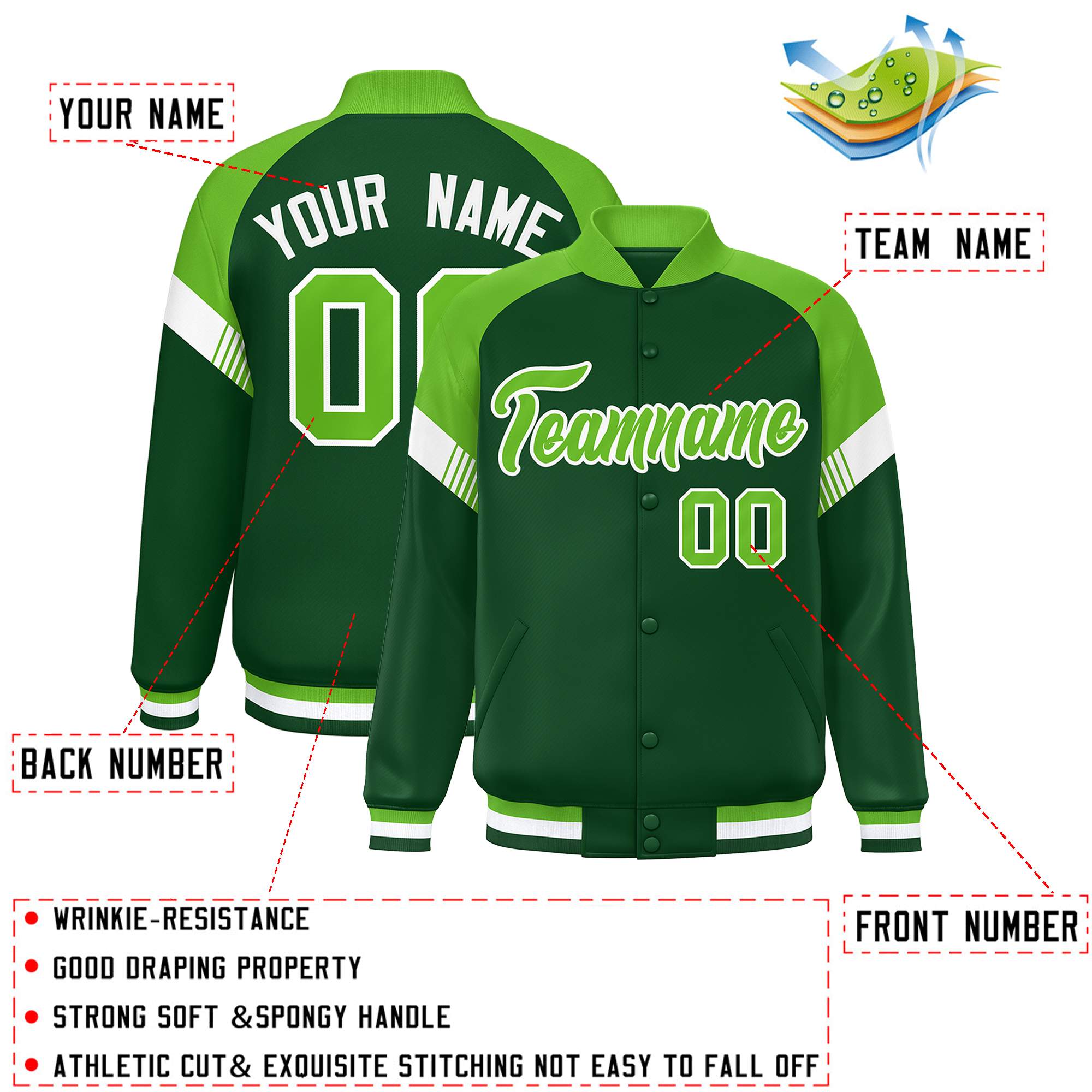 Custom Green Neon Green-White Varsity Full-Snap Color Block Letterman Jacket