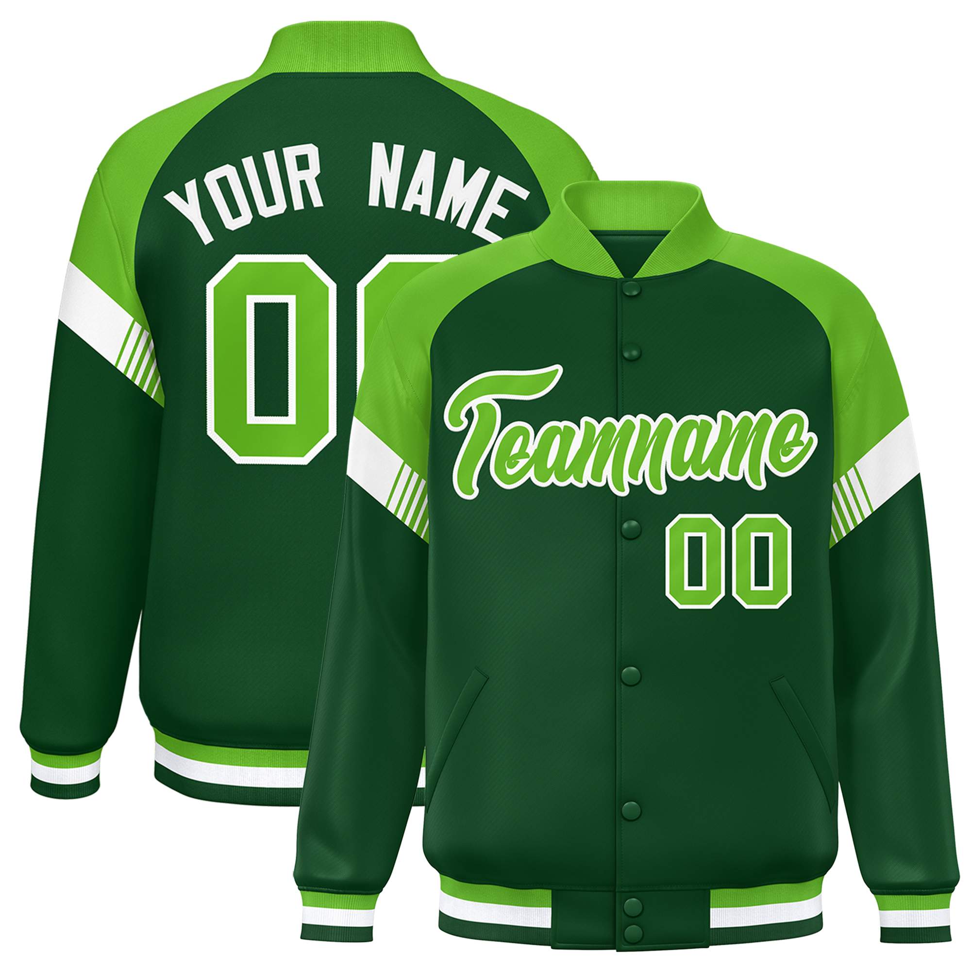 Custom Green Neon Green-White Varsity Full-Snap Color Block Letterman Jacket