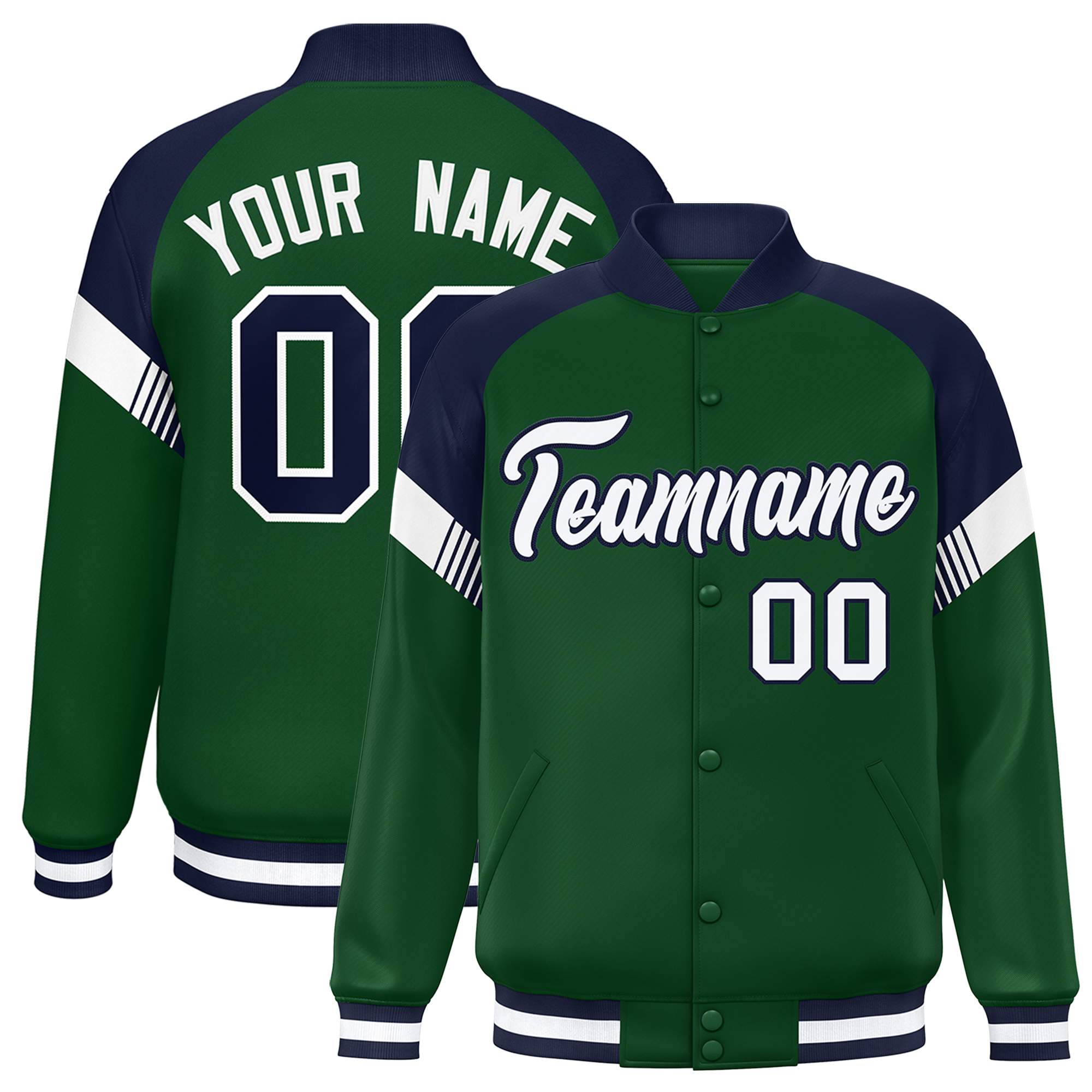 Custom Green Navy-White Varsity Full-Snap Color Block Letterman Jacket