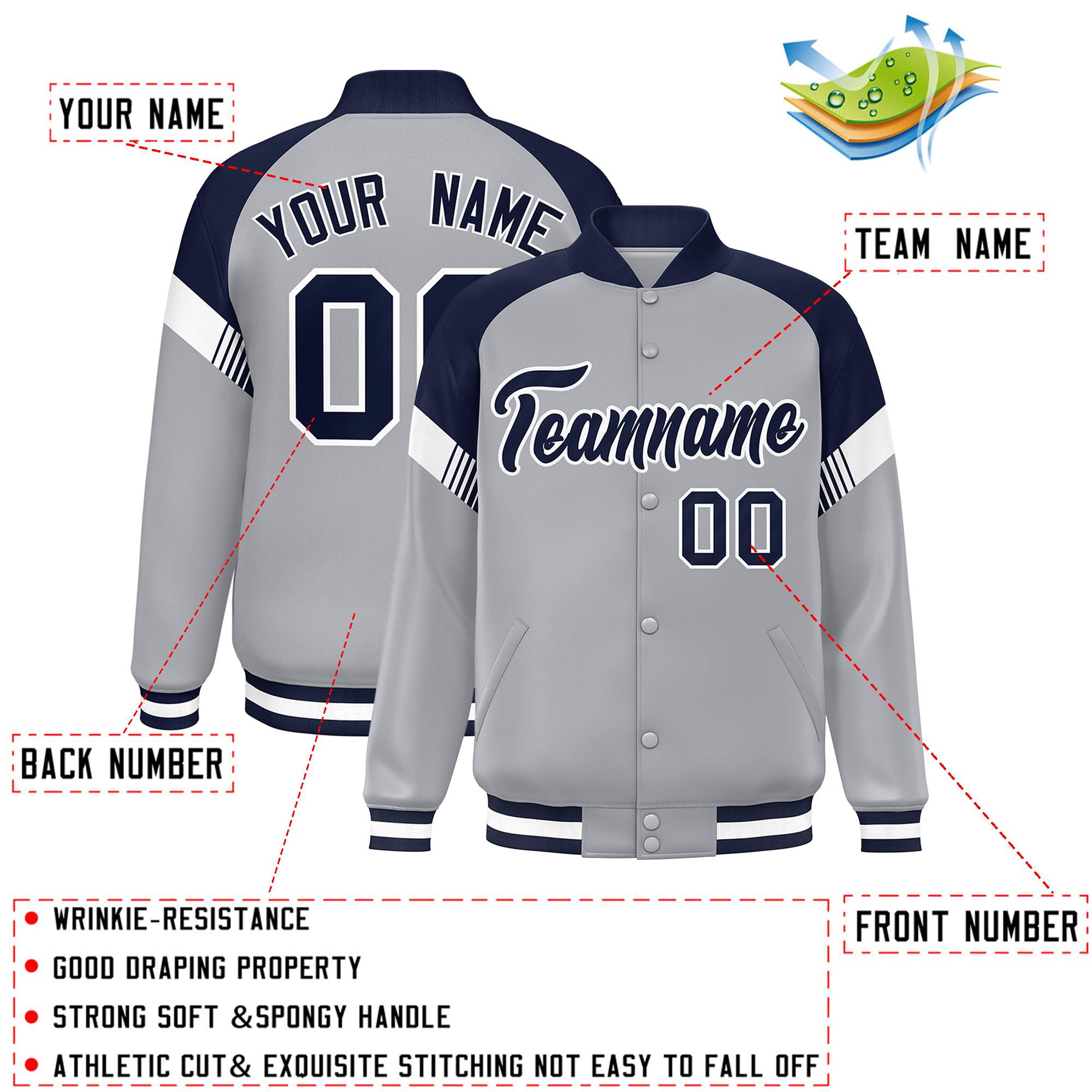 Custom Gray Navy-White Varsity Full-Snap Color Block Letterman Jacket