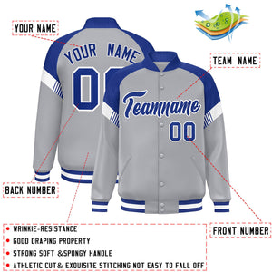 Custom Gray Royal-White Varsity Full-Snap Color Block Letterman Jacket