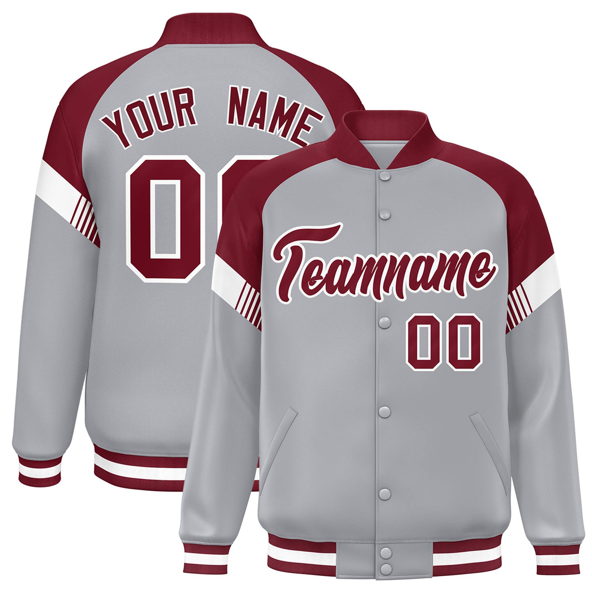 Custom Gray Crimson-White Varsity Full-Snap Color Block Letterman Jacket