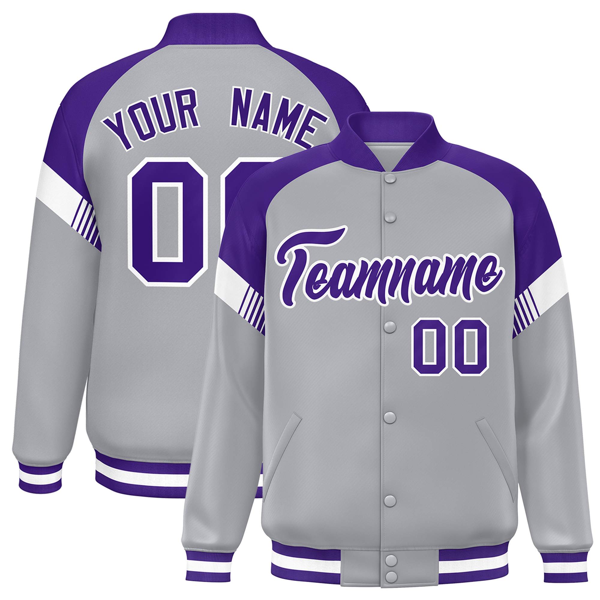 Custom Gray Purple-White Varsity Full-Snap Color Block Letterman Jacket